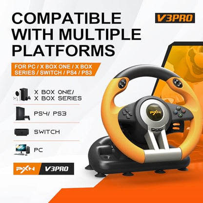 PXN V3 Pro Gaming Steering Wheel with Pedals | Dual Motor Vibration Feedback, Beginner Sim Racing Wheel for PC, PS4, Xbox Series S, Xbox Series X, Xbox One and Switch - color: Orange