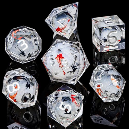 ARUOHHA DND Dice Set Liquid Core Koi Fish Sharp Edged Dragons Dice Compatible with D&D Role Playing Game, RPG Handmade Resin Dungeons Polyhedral D and D Dice Set D20 D12 D10 D8 D6 D4 - color: Hy-silver Grey