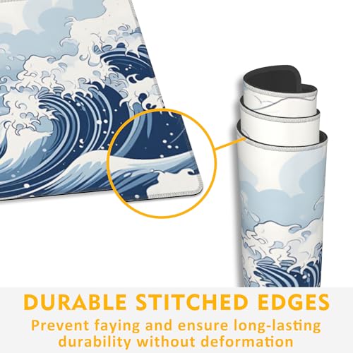 Mountain Gaming Mouse Pad,Japanese Blue and White Sea Wave Desk Mat,31.5""X15.7"" Large Desk Pad with Stitched Edge Non-Slip Base Keyboard Big Mouse Pad for Office Home Work Gaming, WDQ-D05 - color: Japanese Sea Wave