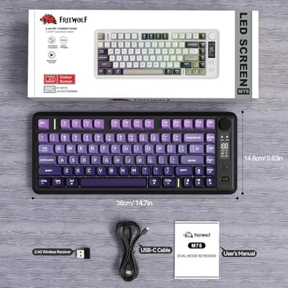 ZIYOU LANG M75 Wireless Gaming Keyboard, RGB Backlit Rechargeable 2000mAh Battery, Small Membrane But Mechanical Feel Keyboard with Smart Display & Knob, PBT Gradient keycaps for PC, MAC-Grape Purple - color: Grape Purple