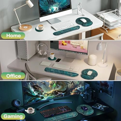 Mouse Pad with Wrist Rest Set, 3-in-1 Wrist Support Mousepad | Gaming Mat Pad with Anti-Skid Base,Ergonomic Mouse Pad Green,Memory Foam Gel Wrist Rest for Computer Keyboard - color: Golden Green Palm Leaves