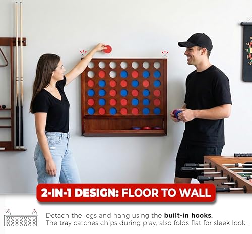 Giant Wooden 4 in A Row Game with Folding Catch Tray, Wall-Mountable or Ground Play, Indoor Outdoor & Backyard Game, Includes Carry Case and Detachable Legs - style: Classic Brown (33" Height)