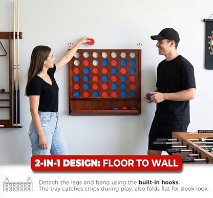 Giant Wooden 4 in A Row Game with Folding Catch Tray, Wall-Mountable or Ground Play, Indoor Outdoor & Backyard Game, Includes Carry Case and Detachable Legs - style: Classic Brown (33" Height)