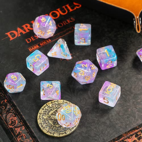 UDIXI 11-Pieces DND Dice Set Iridecent Swirls, Glitter Polyhedral D&D Dice | Purple & Blue Colors, Gold Number, Velvet Dice Bag Packaging, for Dungeons and Dragons Role Playing Games and Tabletop Games - color: 11 Piece Purple Blue Glitter Dice