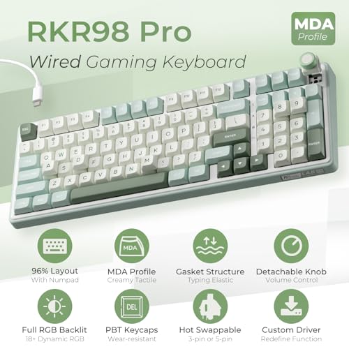RK ROYAL KLUDGE R98 Pro Wired Mechanical Keyboard, RGB PC Gaming Keyboard with Number Pad and Volume Knob, Gasket Mount, MDA Profile PBT Keycaps, for Win/Mac, Hot Swappable Linear Cream Switch - color: Cyan, size: Hot Swappable Cream Switch