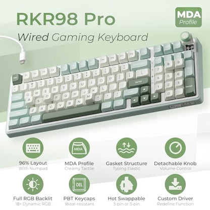 RK ROYAL KLUDGE R98 Pro Wired Mechanical Keyboard, RGB PC Gaming Keyboard with Number Pad and Volume Knob, Gasket Mount, MDA Profile PBT Keycaps, for Win/Mac, Hot Swappable Linear Cream Switch - color: Cyan, size: Hot Swappable Cream Switch