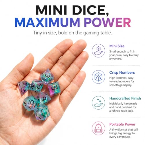 Mini DND Dice Set Tiny Dice 7Pcs Handmade Sharp Edge Accessories Dice for Dungeons and Dragons, Polyhedral Resin Dice - color: Mini--green Pink