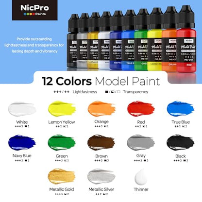 Nicpro 12 Colors Model Paint Set, Enamel-Like Gloss Finish, 20ml Ready to Use Modeling Acrylic Paints, Brush & Airbrush Compatible, Miniature Paint Set for on Model Cars, Figures, Crafts, with Thinner - color: 12 Colors