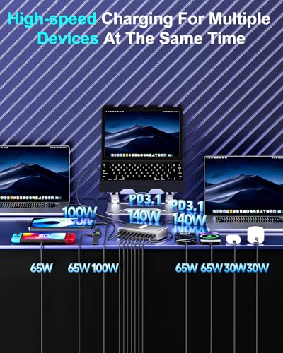 800W USB C Fast Charger Block, Multi-port USB Charging Station, GaN Ⅲ Double 140W PD PPS Port Fast Charging Station for Multiple Devices,Laptop Wall Charger Compatible with iPhone 17,iPad, MacBook etc - size: 800W+A 240W Braided Nylon Fast Charging Cable