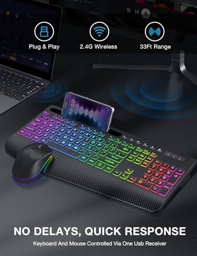Wireless Keyboard and Mouse Combo, 9 Backlit Effects, Large Print | Phone Holder, 2.4G Lag-Free Ergonomic Keyboards, KM22 MAX Rechargeable Easy to See Set for Computer, Laptop, PC - color: Textured Black