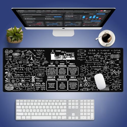Science STEM Large Black Mouse Pad, Scientific Method Chart Doodle Desk Mat | Physics Chemistry Biology Math Formulas, Inspirational Quote White, Science Teacher, 31.5" x 11.8", Stitched Keyboard Mat - color: Science & Education Formulas