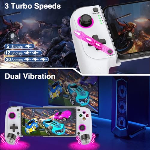 NealGamefy Phone Controller for iPhone/Android - Mobile Gaming Controller with Hall Effect Joystick, Phone Case Support, Turbo Function, Dual Vibration- Phone Controller Compatible with More Games - color: White