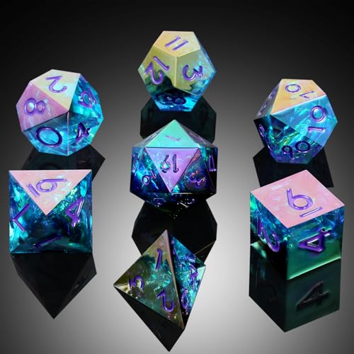 Iridescent Plating DND Dice, DNDND Handmade Resin Sharp Edge D&D Die with Gift Case for Dungeons and Dragon Tabletop Games (Iridescent Plating Green & Blue) - color: Iridescent Green and Blue
