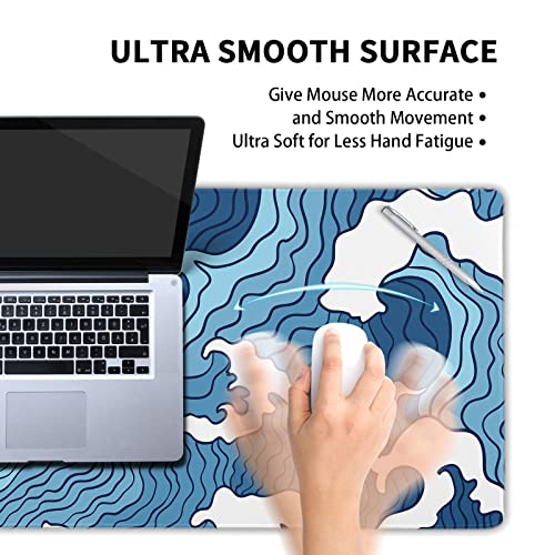 Japanese Blue and White Wave Gaming Mouse Pad XL Anime Sea Texture Extended Large Desk Mat Big Mousepad Non-Slip Rubber Base Stitched Edge Long Desk Pad for Desktop PC Computer Gamer,31.5×11.8 Inch - color: Blue Wave, size: 31.5 x 11.8 inches