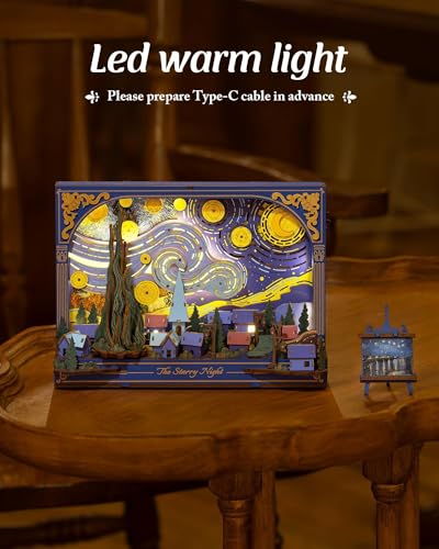 3D Wooden Puzzles for Adults Van Gogh Starry Night DIY Model Building Kits with LED Light - Home Decor, Wall Art & Unique Creative Gifts for Art Lovers/Men/Women - style: Starry Night