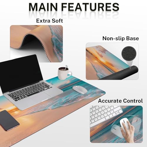 Arttown Keyboard Mouse Pad Set, 4 in 1 Desk Mat Set Ocean Beach | Summer Sea Wave Large Mousepad+Keyboard Wrist Rest+Mouse Wrist Rest+Coaster Ergonomic Design for Home Office Computer - color: Sunset Beach 2