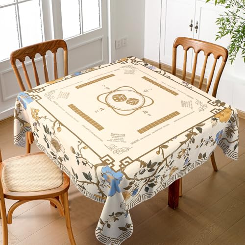 Oudain Chinoiserie Mahjong Tablecloth Florals Card Table Cloth 55x 55 Inch Square Tablecloth Game Table Cover with Game Rules for Mahjong Beginners, Card, Board Tile Games (Beige) - color: Beige