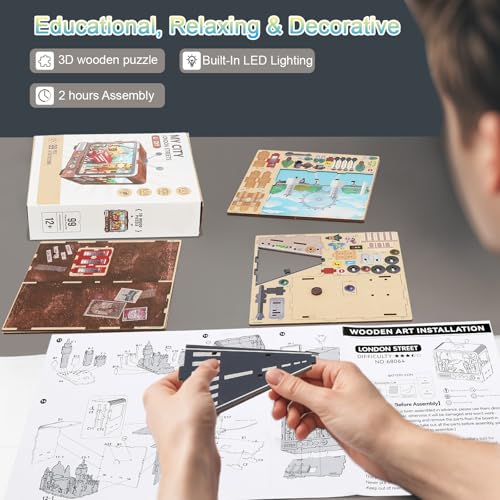London Streets 3D Wooden Puzzle with LED Lights, DIY Craft Model Kit for Adults & Kids, Fun & Educational Building Set and Creative Home Decor Gift - style: London Streets