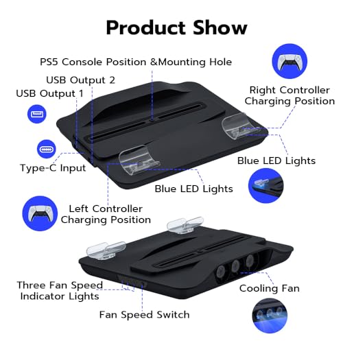 Mcbazel Cooling Fan and Dual Controller Charger Station for PS5 Console, Cooler Station and Charging Dock with Extra USB Ports for PlayStation 5 UHD and Digital Edition - Black(NOT for PS5 Slim/Pro)