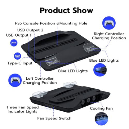 Mcbazel Cooling Fan and Dual Controller Charger Station for PS5 Console, Cooler Station and Charging Dock with Extra USB Ports for PlayStation 5 UHD and Digital Edition - Black(NOT for PS5 Slim/Pro)