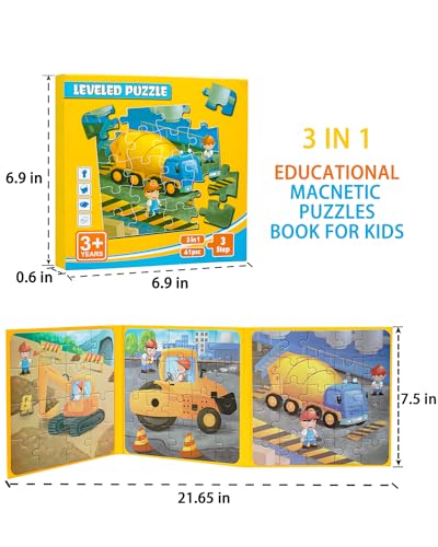 Magnetic Puzzles for Toddlers 3-5, 3 in 1 Travel Puzzles for Kids Ages 4-6, Excavator Truck Jigsaw Puzzle Book Road Trip Activities Toys for 3 4 5 6 Year Old Girls Birthday (Engineering) - style: Level 2 Construction Truck