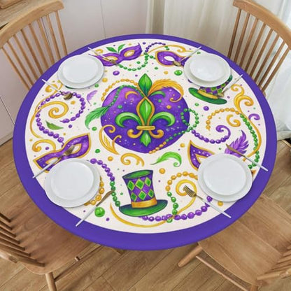 Famame Mardi Gras Carnival Hats Round Fitted Tablecloth with Elastic Protector Table Kitchen Dinner Waterproof Oil-Proof Table Covers Fits 40"-44", Small - color: Mardi Gras Carnival Hats, size: Small (40"-44")