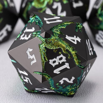 Dungeons and Dragons Dice DND Metallic Dragon Dice Set Sharp Edged Dice Set with Box, Polyhedral D&D Role Playing Game D&D Dice Set D20 D12 D10 D8 D6 D4 - color: Dragon-pearl Gun Sparkling Green