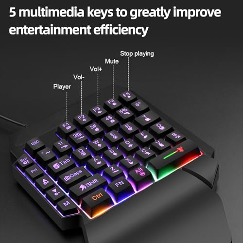 Wired One Handed Gaming Keyboard, 40 Keys RGB Backlit Portable Mini Gaming Keypad with Wrist Rest, Multimedia Keys, USB Plug and Play for FPS MOBA Game Simulator
