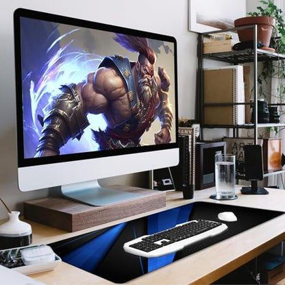 Desk Pad Large Gaming Mouse Pad Extended Keyboard Mouse Mat,Black Blue | 35.4 X 15.7 Inch Desk Pad Non-Slip Rubber Base Stitched Edge Computers Laptop Desk - color: Black Blue, size: 35.4" x 15.7"