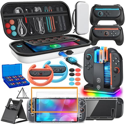 Switch 2 Accessories, FYOUNG Case Bundle for Nintendo Switch 2 2025 Console | FYOUNG 23 IN 1 Kit: Carrying Case, Controller Charger, Protective Shell, Grip for Joycon, Steering Wheel (White) - color: White