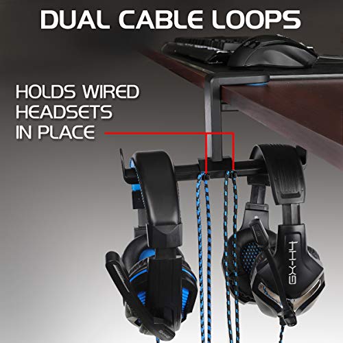 ENHANCE PC Gaming Dual Headphone Stand - Clip-On Desk Headphone Holder with Adjustable 360 Rotation, Under Desk Headset Holder, Universal Fit, & Double Cable Loops Organizer with Silicone Pads