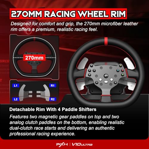 PXN V10 Ultra Direct Drive Racing Wheel & Pedals, 3.2Nm Force Feedback | 10.6'', 4 Paddle Shifters, Hall Effect 2-Pedal Set - Gaming Steering Wheel for Xbox Series X|S, Xbox One, PS4 & PC
