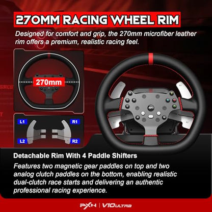 PXN V10 Ultra Direct Drive Racing Wheel & Pedals, 3.2Nm Force Feedback | 10.6'', 4 Paddle Shifters, Hall Effect 2-Pedal Set - Gaming Steering Wheel for Xbox Series X|S, Xbox One, PS4 & PC