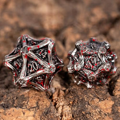 Metal DND Dice 7PCS Metal Dice Set Bloodstained for Tabletop Games | Leather Storage Bag, DM Gift, for Dungeons and Dragons Role Playing Games - color: Metal Tree-blood