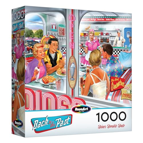 RoseArt - Back to the Past - Diner Double Date 1000 Piece Jigsaw Puzzle - Vintage Retro Diner Puzzle for Adults - Finished Size 26.625 x 19.25 Made in USA - style: Diner Double Date