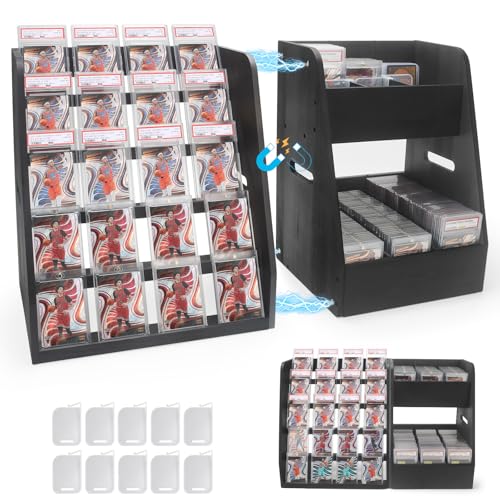 Magnetic 2-in-1 Trading Card Display Stand - Wood Detachable 5-Tier Graded Card Holder & Modular Storage Rack with Supporters, Professional Baseball Card Case for PSA BGS SGC Slabs, Toploaders, Large - size: Large
