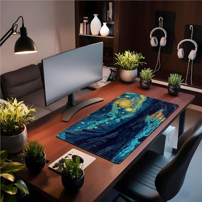 Misty Forest Desk Pad Mat Vincent Van Gogh XL Mouse Pad Gaming Playmat Large Mousepad XXL Desk Laptop Pad Equipped with Waterproof Storage Bag Non-Slip Stitched Edges (31.5x15.7 in) - color: D-blue Enchantress