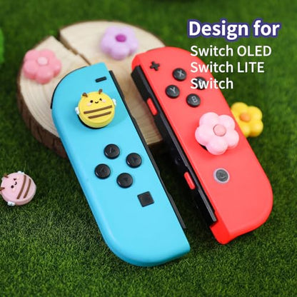 Switch Joycon Thumb Grips Caps, 4 PCS Cute Kawaii 3D Silicone Analog Thumbstick Button Cover Compatible with Nintendo Switch Lite/OLED Joystick Caps (Multicolor Bee&Flower) - color: Multicolor Bee&Flower