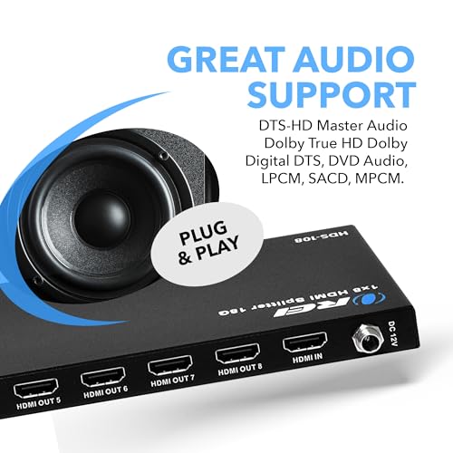 OREI UltraHD 1 in 8 Out HDMI Splitter 4K@60Hz 4:4:4 - HDMI 2.0 and HDCP 2.2 compliant with 3D support and EDID control - size: 4K Splitters 1x8