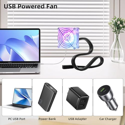 3.15" 80mm Mini LED Fan with Adjustable Gooseneck 5V USB Vent Cooling Fan | Low Noise and Gentle Airflow, with LED Lights for Greenhouse Small Plants Electronics Mic Arm Compact Ventilation, No Switch - color: Blue and Pink, size: 80mm