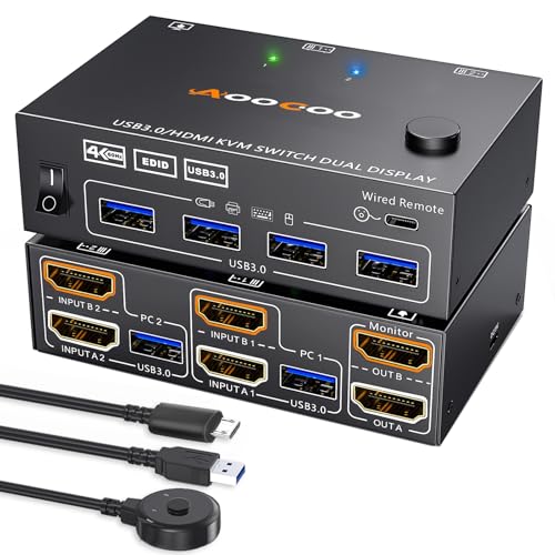 Dual Monitor HDMI KVM Switch 2PC 4K@60Hz Simulation EDID,HDMI USB 3.0 Switch Extended Display 2 Monitors 2 Computers with USB 3.0 Cables and Wired Controller - size: 10 cm