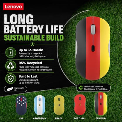 Lenovo 350 Bluetooth Silent Mouse (Fan Edition), Wireless Ergonomic Ambidextrous Design, Bluetooth 5.3, Adjustable DPI up to 2400, 36 Month Battery Life, Recycled Materials, German Flag - color: Germany Flag
