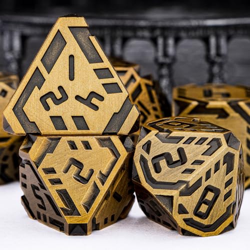 Metal DND Sci-fi Dice Set 7PCS Stripe Polyhedral Dice for Dungeons Dragons RPG Role Playing Game, Glitter D and D Dice with Gift Box D6 D8 D10 D12 D20 (Antique Gold) - color: Antique Gold