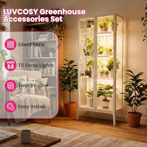 LUVCOSY 4 Pack T5 Grow Light Strips + 2 Pack USB Fans for Indoor Plants, Accessories Set for Indoor Greenhouse Cabinet for IKEA, Full Spectrum Sunlight Grow Lamp & Silent Portable Cooling Fan-ALL IN 1