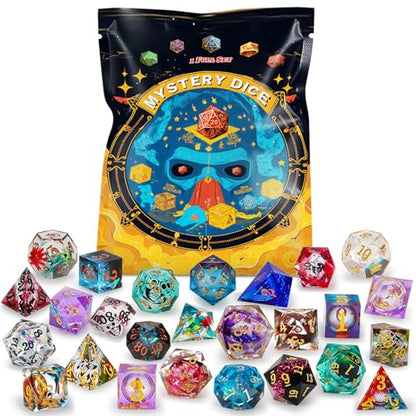 Mystery Dice Set – 7 Pcs Sharp Edge Resin Polyhedral Dice + 1 Dice Bag | Random Style Handmade Sharp‑edged Resin DND Dice, Gifts for D&D, Pathfinder, MTG, Game Night, Dice Goblins, RPG Players & DMs - style: 1 bag Resin Mystery Dice