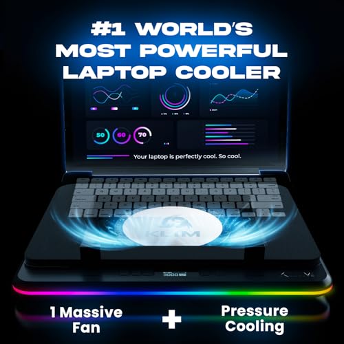 KLIM Turbofrost MAX Gaming Laptop Cooling Pad, Patented TurboFan XL | Smart Inlay for direct airflow, dual USB-C/DC power, 3 extra USB ports, up to 17.3in, LCD, RGB, Adjustable Speed