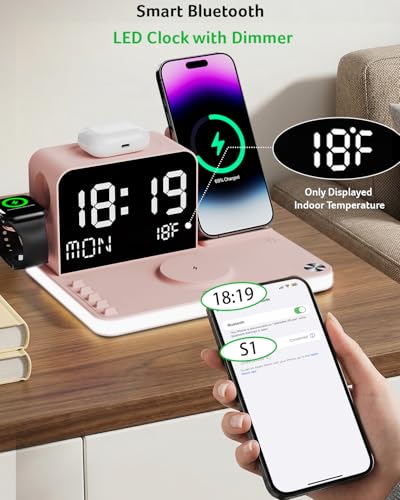 Acer 7-in-1 Wireless Charging Station with LED Clock - 30W Fast Wireless Charger for iPhone 16/15/14/13/12/Pro Max, Apple Watch, AirPods - Bluetooth Auto Time Sync & Night Lights (Pink) - color: Pink