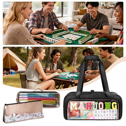 Yarwo 3 PCS Mahjong Bag Empty, Clear American Mahjong Tiles & Rack Bags Set | Zippered Game Storage with Mahjong Mat Strap and Sewn Chenille Letter for Mahjong Tiles, Racks & Pushers, Case Only, Black - color: Black