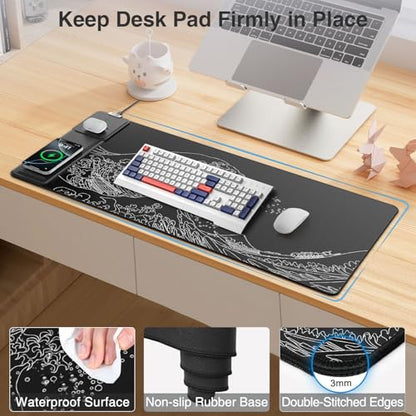 Wireless Charging Mouse Pad with Phone Holder, 31.5"x15.8" in, Black Wave | Large Desk Mat for Laptop/Keyboard, Waterproof Ultra-Smooth Surface, Non-Slip Base - color: Black Wave-Phone Holder-31.5"x15.8"