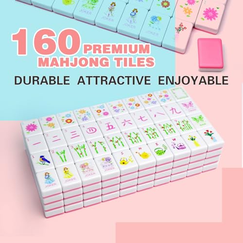 Portable Pink Mahjong Set 160 Premium Melamine Tiles, Engraved American Mahjong Game with Carrying Bag&3 Dice Compact 0.9” x 1.18” x 0.5” Tiles, Scuff‑Proof & Drop‑Resistant for Adults Family Travel